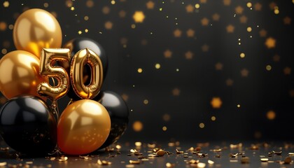Golden balloons in black background with golden number 50. Celebration for 50th anniversary birthday. Party decor. Gold, black. Festive scene. Anniversary celebration. Jubilee event. Invitation card