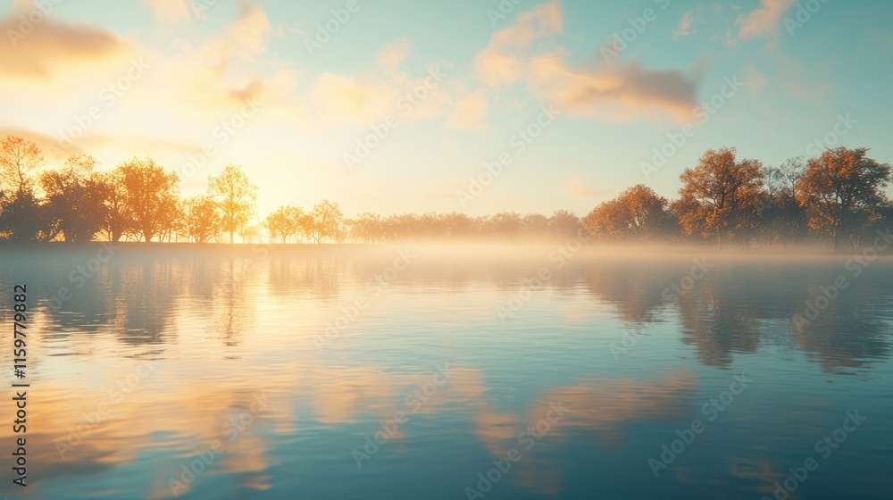 Misty sunrise over calm lake with autumn trees. Misty sunrise over calm lake with autumn trees.