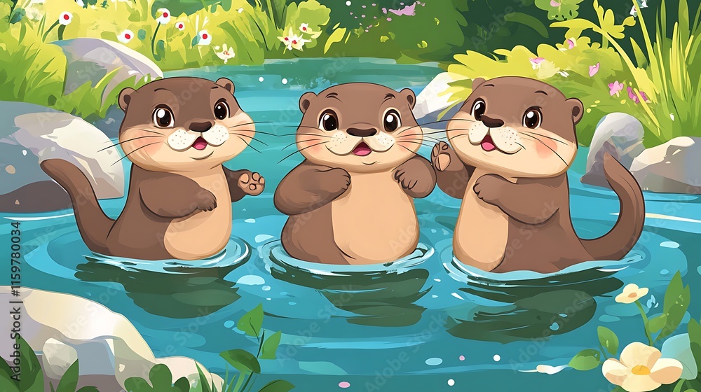 Three playful otters swimming in a serene, vibrant river surrounded by lush greenery.