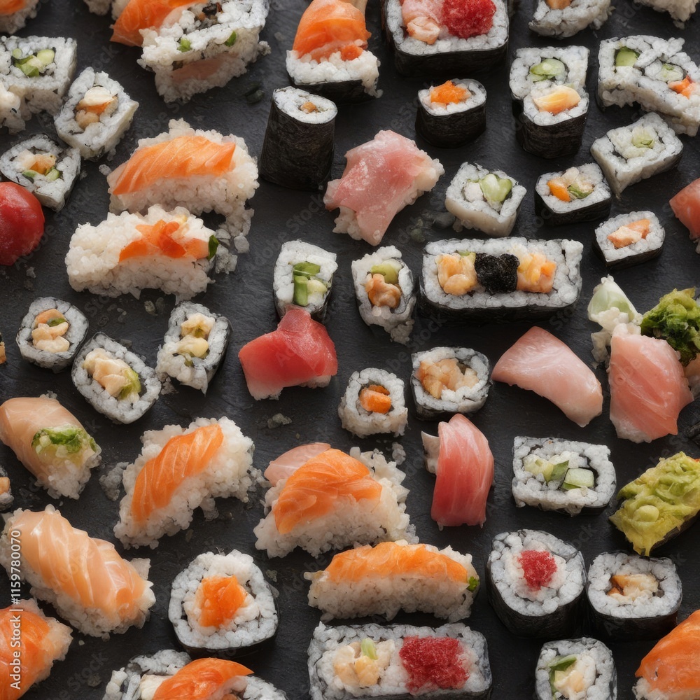 Elegant sushi spread with an array of flavors, including salmon, tuna, and vegetable rolls. Great for food photography, showcasing the artistry of sushi-making and inviting viewers to indulge. Elegant sushi spread with an array of flavors, including salmon, tuna, and vegetable rolls. Great for food photography, showcasing the artistry of sushi-making and inviting viewers to indulge.