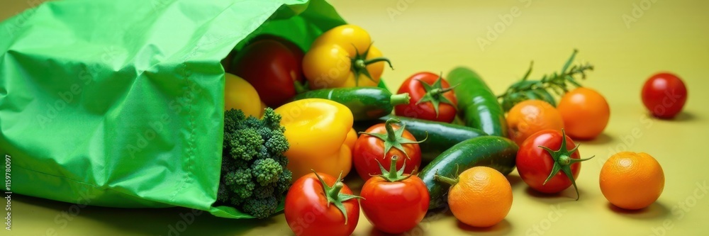 Vibrant vegetables spill from a sturdy green reusable shopping bag , agriculture, sustainability Vibrant vegetables spill from a sturdy green reusable shopping bag , agriculture, sustainability