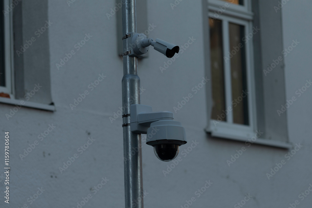 Surveillance cameras are securely mounted high at outdoor area. Security, monitoring, and the integration of technology within urban and natural environments. CCTV camera at dark evening. Surveillance cameras are securely mounted high at outdoor area. Security, monitoring, and the integration of technology within urban and natural environments. CCTV camera at dark evening.
