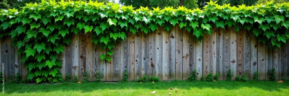 Vibrant ivy cascade on aged wooden fence, calm setting , wild, summer Vibrant ivy cascade on aged wooden fence, calm setting , wild, summer