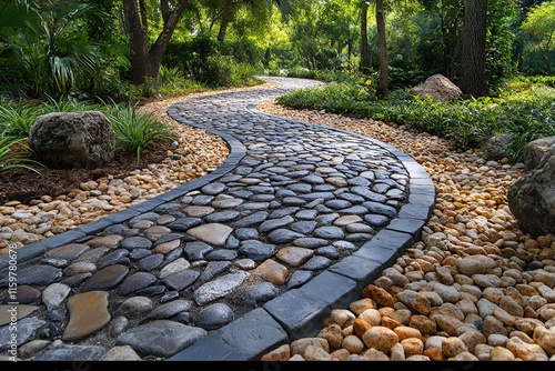 Minimalist photo of a cobblestone pathway bordered by smooth pebbles and green plants in a garden setting photo