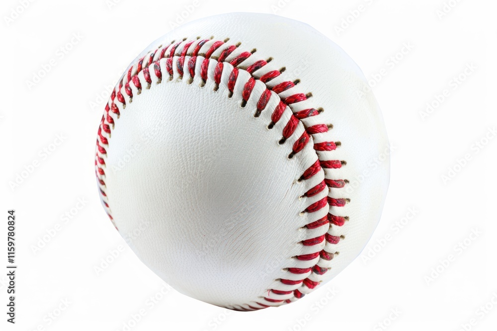 Close-up of a classic white baseball with red stitching against a white background. Close-up of a classic white baseball with red stitching against a white background.