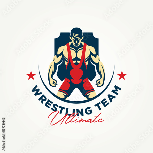 wrestling sport team with shield icon badge logo vector illustration design. simple modern martial arts MMA fighter emblem logo concept