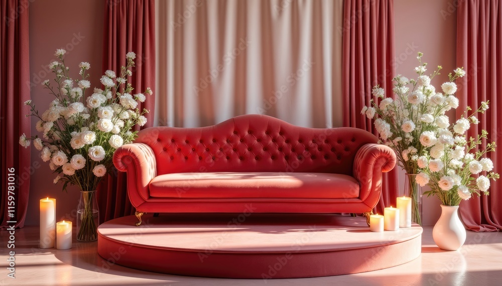 A red velvet sofa with a tufted back sits on a pink circular platform, flanked by two white vases with white flowers and lit candles, against a pink wall with red curtains. A red velvet sofa with a tufted back sits on a pink circular platform, flanked by two white vases with white flowers and lit candles, against a pink wall with red curtains.