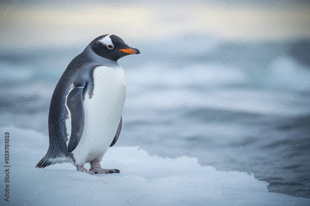 Obraz premium Gentoo penguin standing on ice near calm waters during twilight in Antarctica. Generative AI