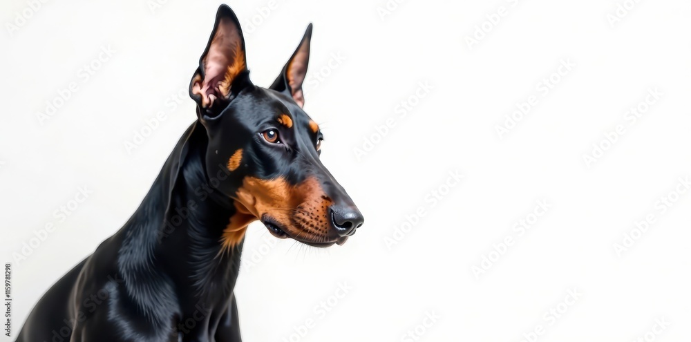 Stately Doberman, black & rust coat, pristine white background, pet, striking pose Stately Doberman, black & rust coat, pristine white background, pet, striking pose