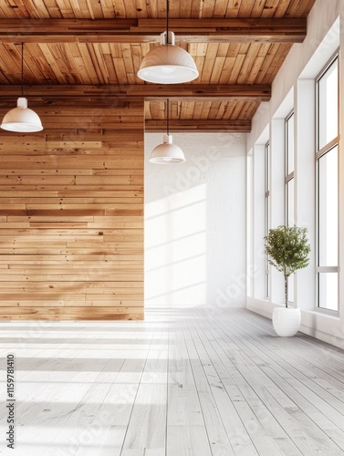 Interior of a spacious office with wood paneling, minimalistic decor and large windows allowing for ample natural light. The room is equipped with contemporary light fixtures. photo