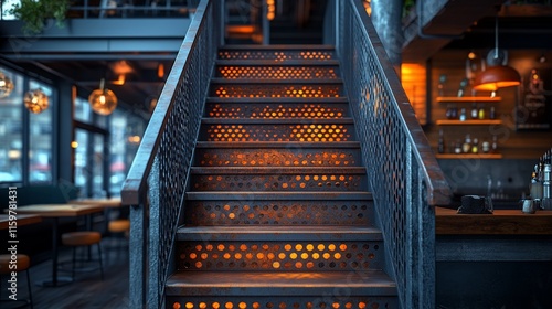 Metal Staircase Illuminated in a Modern Cafe Setting