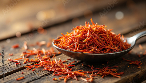 Saffron Threads on Vintage Spoon Close-Up photo