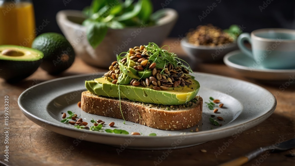 A healthy avocado toast topped with seeds, served on a rustic plate. A healthy avocado toast topped with seeds, served on a rustic plate.