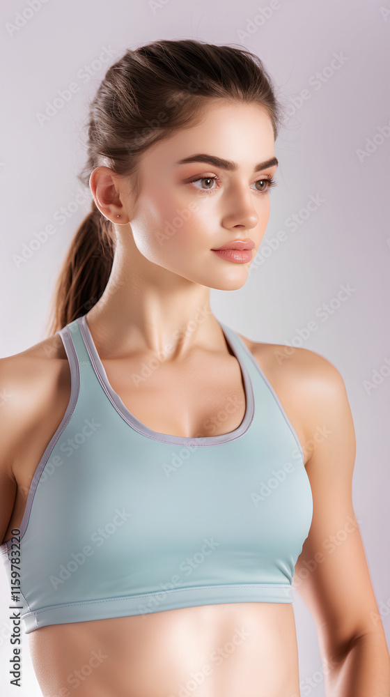 woman in sports top for fitness, looking at camera, brunette woman in sports top for fitness, looking at camera, brunette