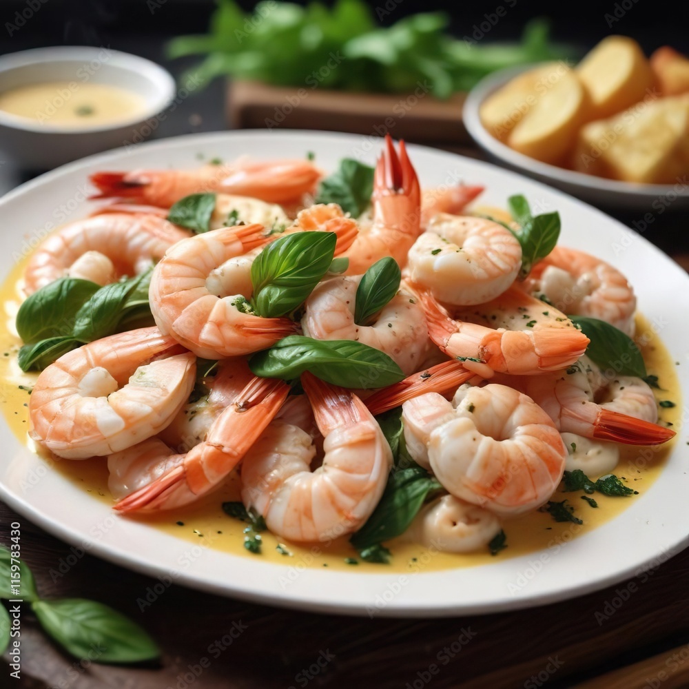A steaming plate of shrimp with a creamy sauce and fragrant basil served hot from the kitchen, basil, appetizers A steaming plate of shrimp with a creamy sauce and fragrant basil served hot from the kitchen, basil, appetizers