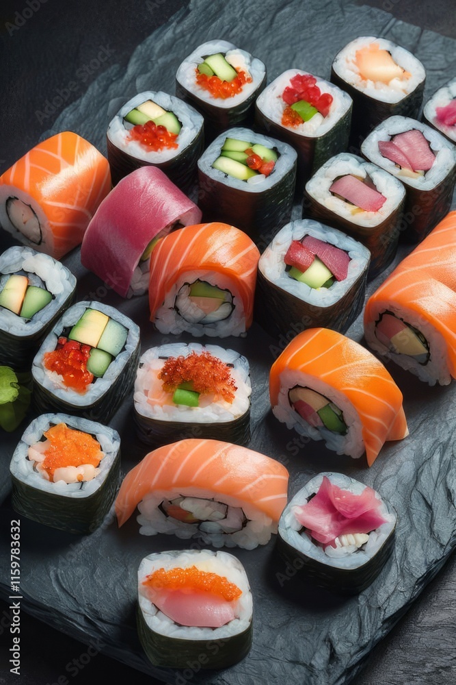 Elegant sushi spread with an array of flavors, including salmon, tuna, and vegetable rolls. Great for food photography, showcasing the artistry of sushi-making and inviting viewers to indulge. Elegant sushi spread with an array of flavors, including salmon, tuna, and vegetable rolls. Great for food photography, showcasing the artistry of sushi-making and inviting viewers to indulge.