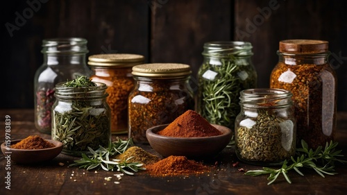 A collection of jars filled with various spices and herbs on a rustic wooden surface. photo