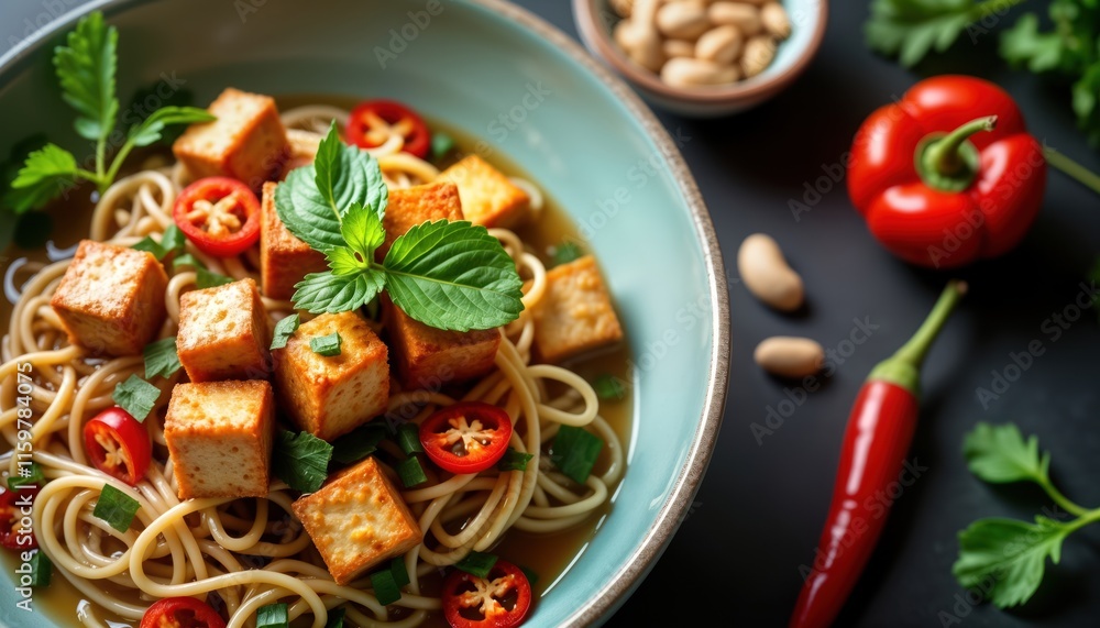 Bowl of delicious Vietnamese vegan tofu dish. Noodles served with tofu cubes, fresh herbs. Red chili peppers, peanuts add flavor to healthy meal. Asian culinary arts style visible. Perfect for lunch Bowl of delicious Vietnamese vegan tofu dish. Noodles served with tofu cubes, fresh herbs. Red chili peppers, peanuts add flavor to healthy meal. Asian culinary arts style visible. Perfect for lunch