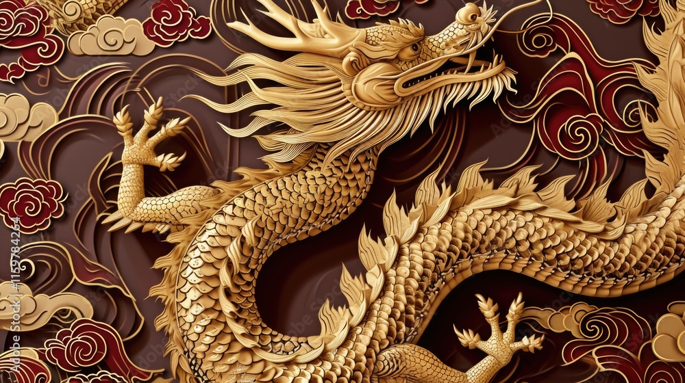 Fototapeta premium A meticulously detailed Chinese dragon design, rendered in gold on a rich red background with floral accents. This artwork showcases the intricacy and symbolism of oriental art.