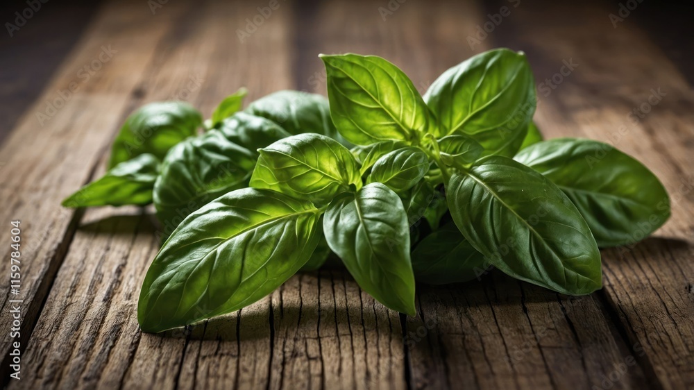 Fresh basil leaves on a wooden surface, highlighting their vibrant green color. Fresh basil leaves on a wooden surface, highlighting their vibrant green color.
