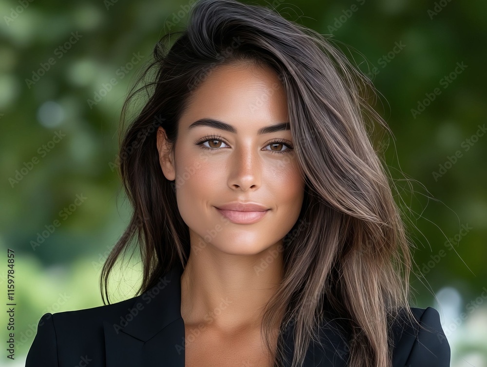 A woman with long brown hair wearing a black blazer A woman with long brown hair wearing a black blazer