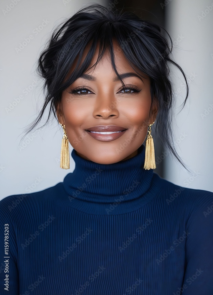 A woman wearing a blue turtle neck sweater and gold earrings A woman wearing a blue turtle neck sweater and gold earrings