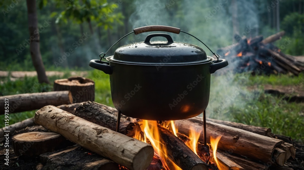 A pot cooking over a campfire in a forest setting, surrounded by logs and smoke. A pot cooking over a campfire in a forest setting, surrounded by logs and smoke.