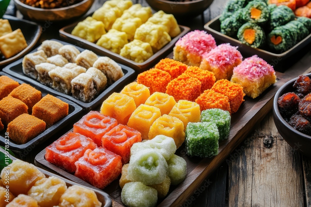 An assortment of vibrant traditional Indonesian snacks called jajanan pasar including risoles kue ku and kue apem are beautifully displayed and highly flavorful An assortment of vibrant traditional Indonesian snacks called jajanan pasar including risoles kue ku and kue apem are beautifully displayed and highly flavorful