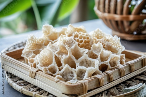 An authentic salad called kerabu perut featuring beef honeycomb tripe served in a bamboo tray Ideal for lunch or dinner photo