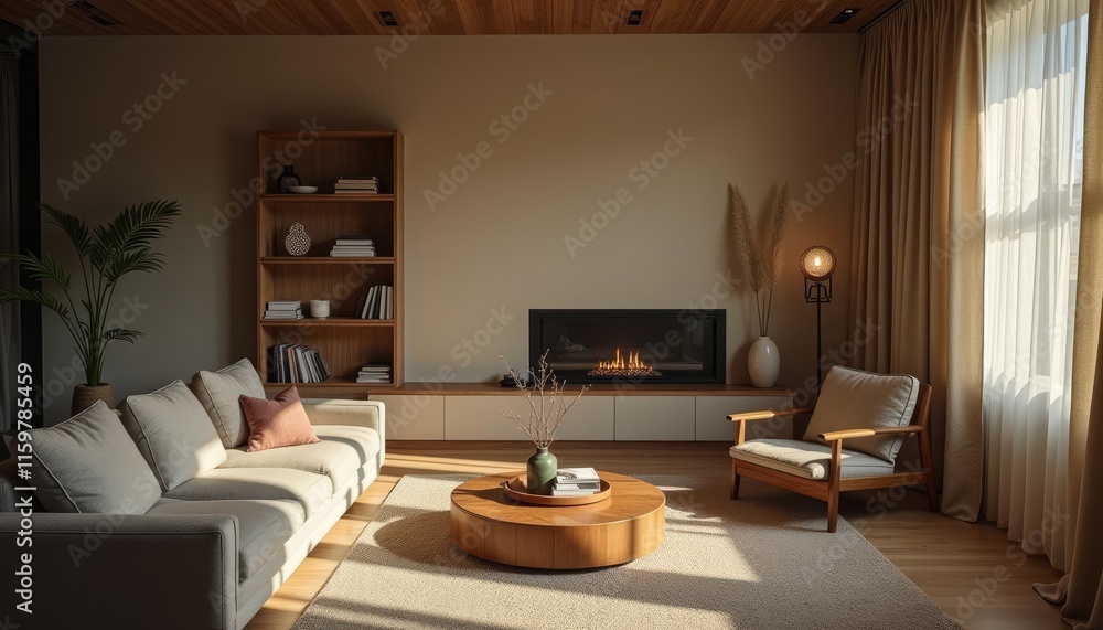 Fototapeta premium A modern living room features a gray sofa, wooden coffee table, and a fireplace, with a bookshelf, potted plant, and vase adding to the decor.