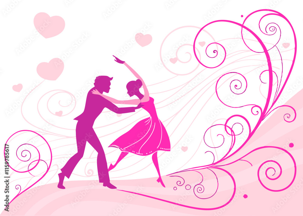 Romantic Couple Dance Silhouette: Pink Floral Design, Valentine's Day. Romantic Couple Dance Silhouette: Pink Floral Design, Valentine's Day.