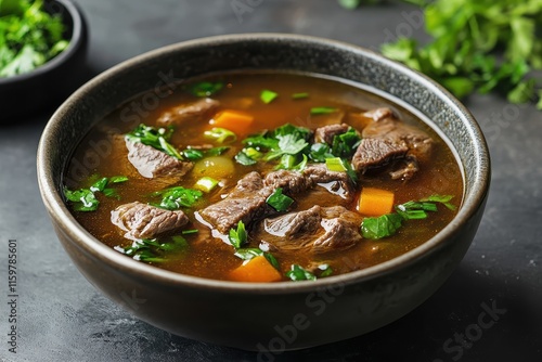 Angled shot of Yukgaejang a traditional spicy beef soup showcasing its rich broth and colorful ingredients photo