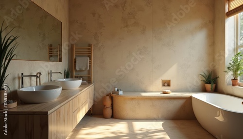  A modern bathroom features a double sink vanity with a large mirror, a freestanding bathtub, and a wooden towel rack, with natural light and plants adding a touch of greenery.