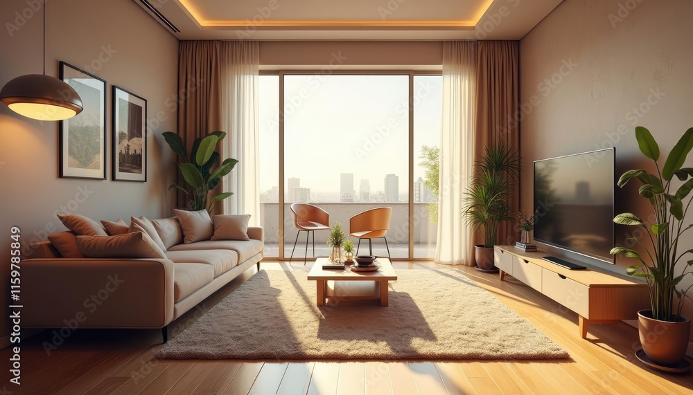 A modern living room boasts a large window offering a cityscape view, complemented by a beige sofa, wooden coffee table, and a flat-screen TV, all bathed in natural light. A modern living room boasts a large window offering a cityscape view, complemented by a beige sofa, wooden coffee table, and a flat-screen TV, all bathed in natural light.