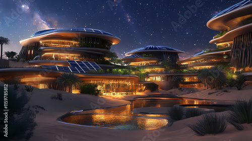 futuristic ecoresort emerging solar panels photo