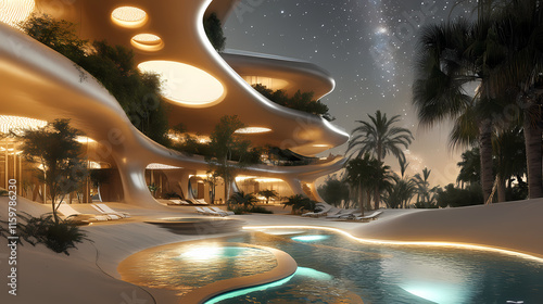 Futuristic ecoresort emerging from sand dunes solar panels and hanging gardens integrated into curvilinear architecture oasislike pools reflect starry sky. Oasislike. Illustration photo