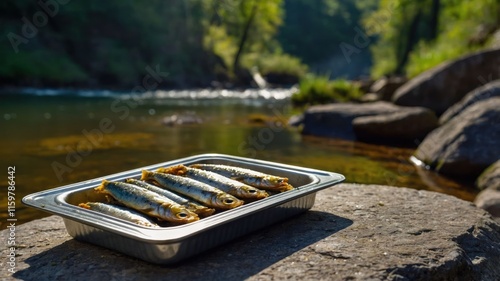 A tray of fish placed on a rock by a river, highlighting outdoor cooking. photo