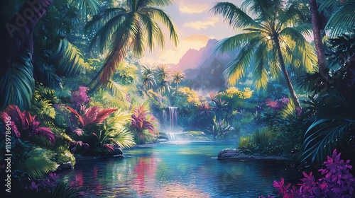 Luminous tropical oasis vibrant colors, lush palms, and shimmering water droplets create a sense of tranquility, rebirth, and endless summer. Oasislike. Illustration photo