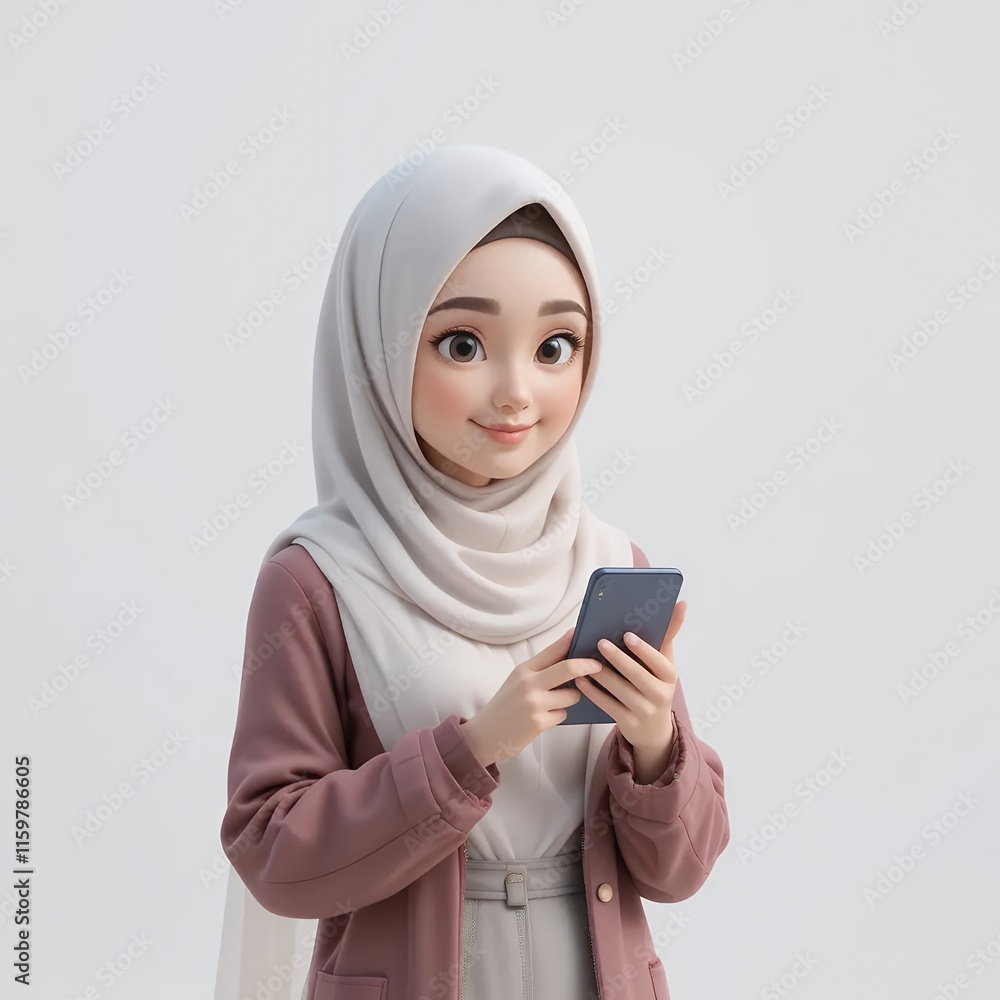 Adorable Animated Muslimah Using Smartphone Adorable Animated Muslimah Using Smartphone