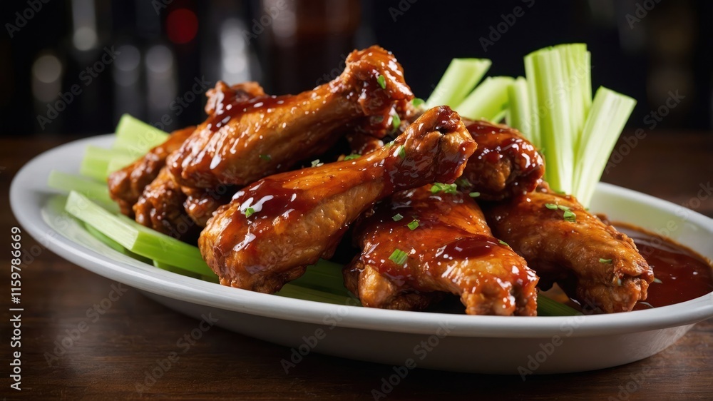 A platter of glazed chicken wings served on a bed of celery, ideal for sharing at gatherings. A platter of glazed chicken wings served on a bed of celery, ideal for sharing at gatherings.