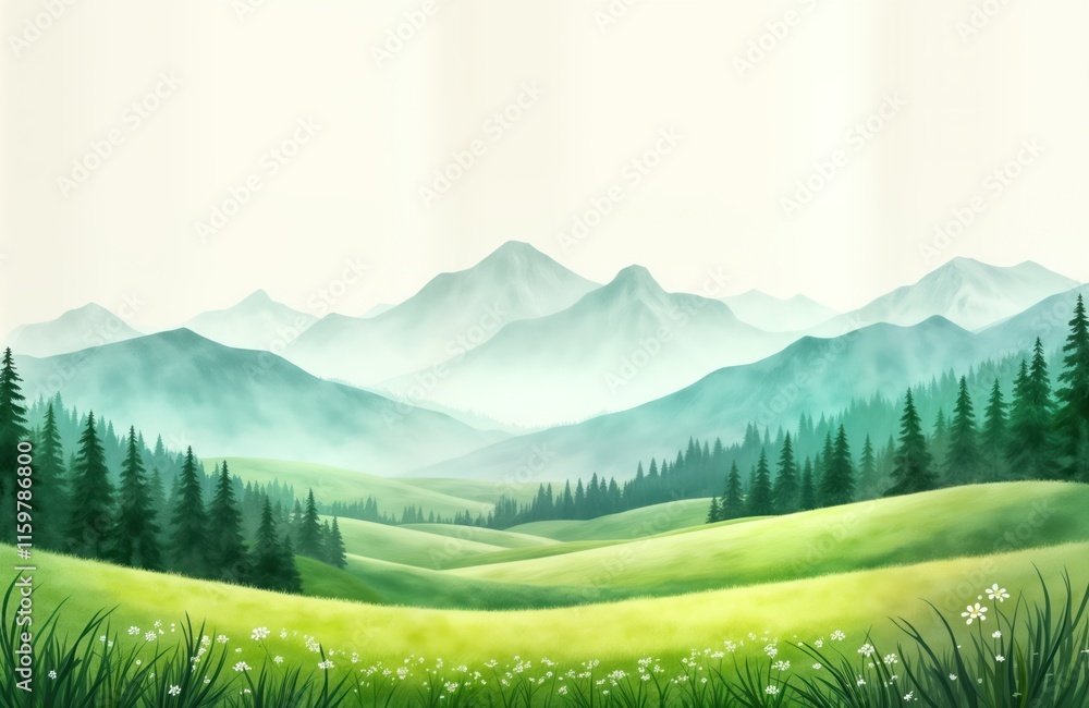 Fototapeta premium Serene green field stretches out towards misty mountain range. Vegetation, small white flowers dot foreground. Picturesque countryside scene evokes tranquility, peace. Ideal for nature lovers,