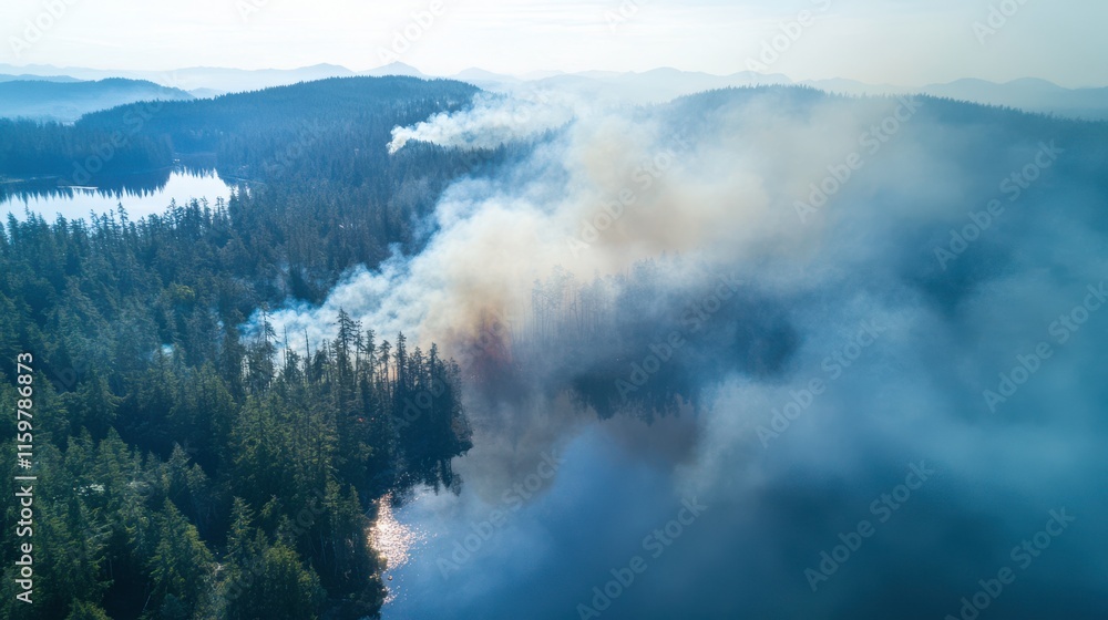Aerial View of Tranquil Lake with Smoke and Trees Aerial View of Tranquil Lake with Smoke and Trees