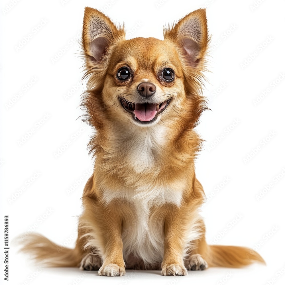 Happy long-haired chihuahua sitting on white background Happy long-haired chihuahua sitting on white background