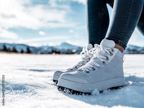 A person wearing white snow boots in the snow photo