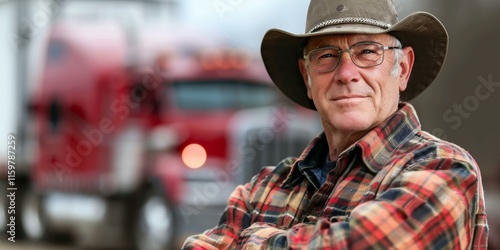 Confident senior truck driver in flannel shirt and hat stands with arms crossed, red semi-truck parked behind, showcasing individual strength and experience in logistics profession.