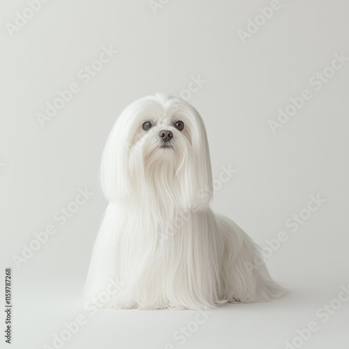 Elegant white maltese dog with long silky fur on minimalist background