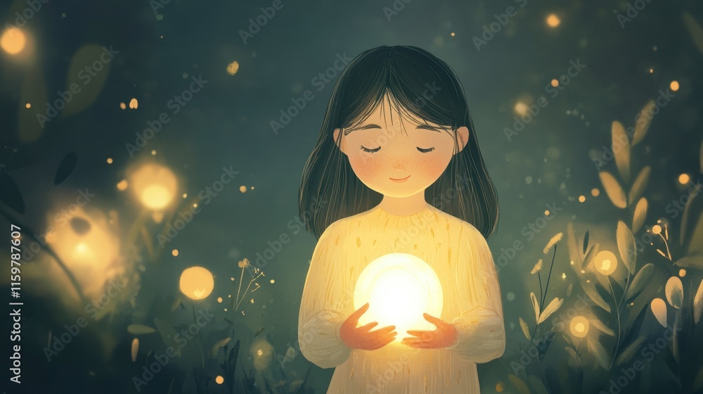 Girl Smiling, Holding Glowing Orb, Night, Firefly Field Girl Smiling, Holding Glowing Orb, Night, Firefly Field