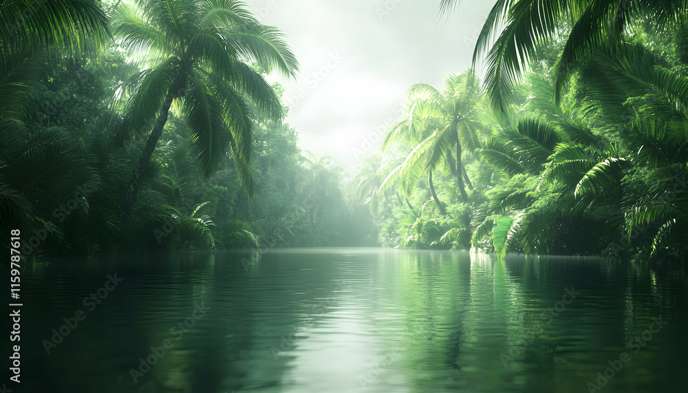 Serene tropical river scene, lush green foliage, palm trees, misty atmosphere, tranquil waterway, jungle river, peaceful nature. Serene tropical river scene, lush green foliage, palm trees, misty atmosphere, tranquil waterway, jungle river, peaceful nature.