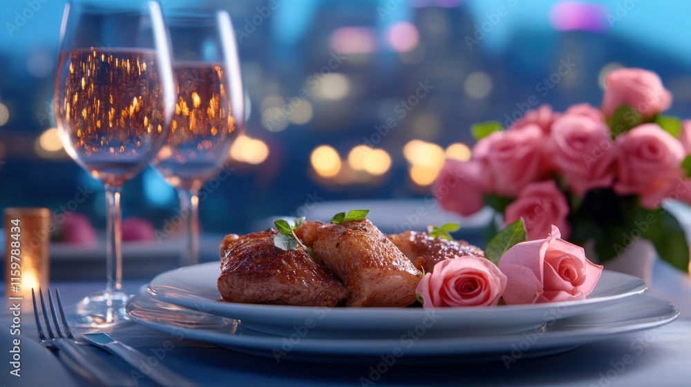 Capture the essence of a perfect romantic dinner, paired with delicate pink roses and a serene evening ambiance, complete with gourmet delights, setting the mood for unforgettable moments Enjoy this Capture the essence of a perfect romantic dinner, paired with delicate pink roses and a serene evening ambiance, complete with gourmet delights, setting the mood for unforgettable moments Enjoy this
