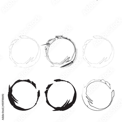 Variety of circular brush strokes and geometric shapes. Artistic round elements set. Vector illustration. EPS 10.